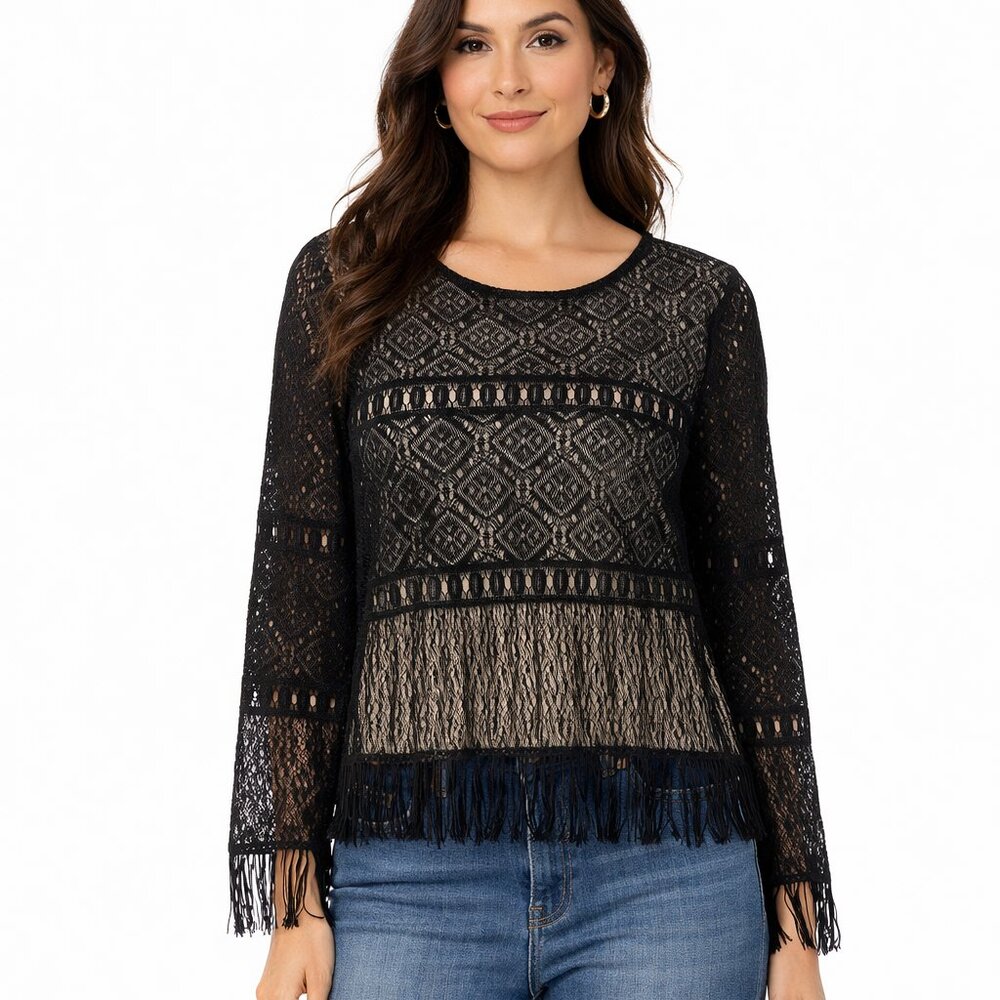 Vtg Mixit Women M Black Lace Fringe beige-colored lining Top Western Boho Chic